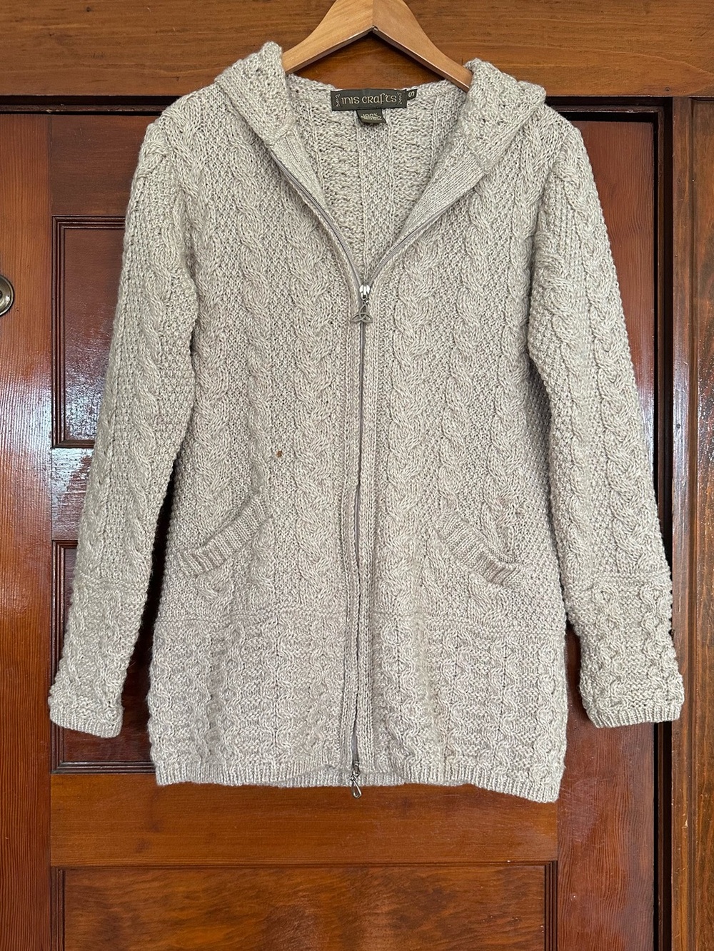 Aran Crafts Merino Wool Hooded Zip-Front Coatigan Cable Knit Cardigan Size Small